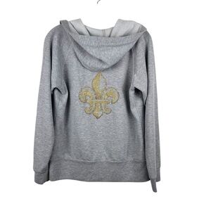 Express Women’s Y2K Gray Hoodie Sweatshirt Gold Bling Fleur de Lis Size L